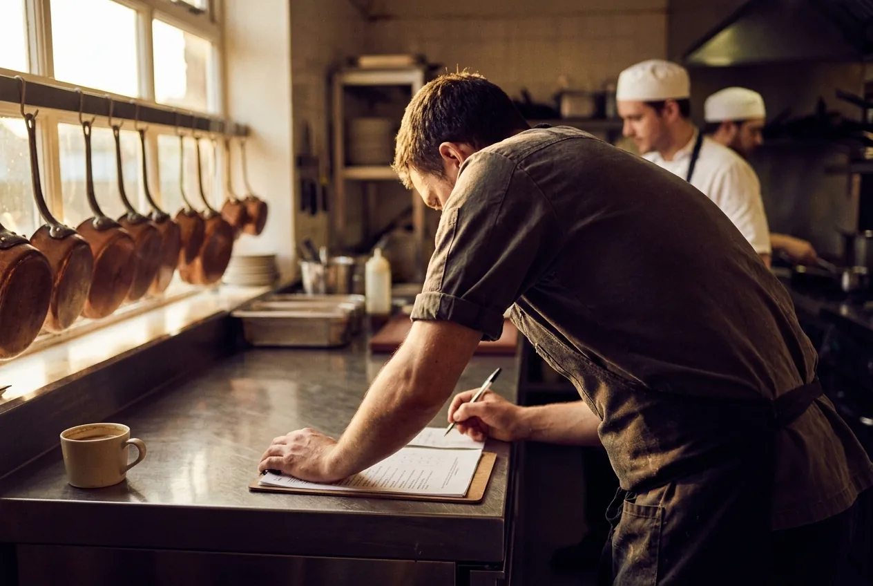 The owner of an independent restaurant group checking the evening's bookings at the pass