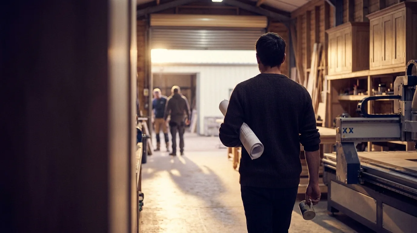 The owner of an established joinery business walking their own workshop floor at the end of the day